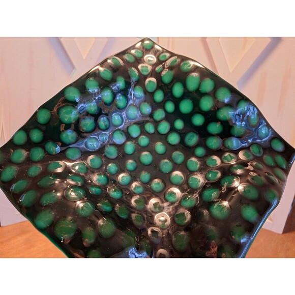 Fused Art Glass Plate/Bowl Ruffled Edges Deep Dark Green Dimpled Dots 10"X 10" - Picture 1 of 16